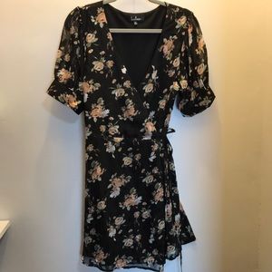 Juniors XL black midi wrap dress peach rose print with puff sleeves